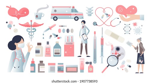 Medicine themed elements set and healthcare items group tiny person concept. Hospital and ambulance equipment assets collection vector illustration. Isolated doctor and patient with medical support.