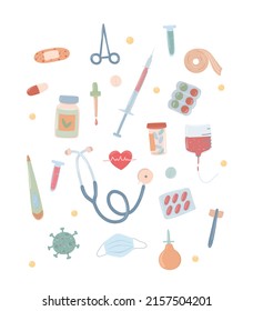 Medicine themed elements set and healthcare items Hospital and ambulance equipment 