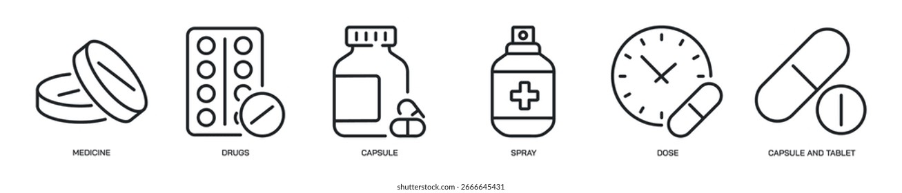 Conjunto de ícones de linha fina do medicamento. Ícones mínimos da Web