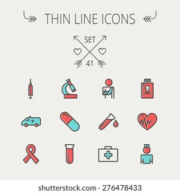 Medicine thin line icon set for web and mobile. Set include- heart with cardiogram, lady nurse, first aid kit, capsule, syringe, test tube, unity ribbon, ambulance  icons. Modern minimalistic flat