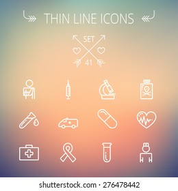 Medicine thin line icon set for web and mobile. Set includes- heart with cardiogram, lady nurse, first aid kit, capsule, syringe, test tube, unity ribbon, ambulance  icons. Modern minimalistic flat