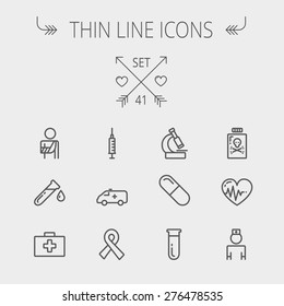 Medicine thin line icon set for web and mobile. Set includes- heart with cardiogram, lady nurse, first aid kit, capsule, syringe, test tube, unity ribbon, ambulance icons. Modern minimalistic flat