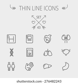 Medicine thin line icon set for web and mobile. Set includes- human internal organs, hospital, DNA icons. Modern minimalistic flat design. Vector dark grey icon on light grey background.