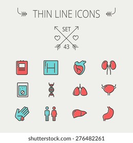 Medicine thin line icon set for web and mobile. Set include-human internal organs, hospital, DNA icons. Modern minimalistic flat design. Vector icon with dark grey outline and offset colour on light