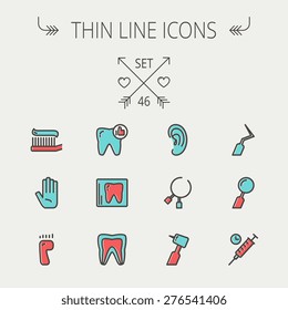 Medicine thin line icon set for web and mobile. Set include- tooth, toothbrush, dental tools, foot, hand, syringe icons. Modern minimalistic flat design. Vector icon with dark grey outline and offset