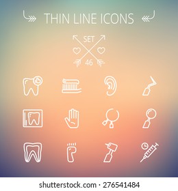 Medizin dünne Linie Icon Set für Web und Mobile. Set beinhaltet: Zahn, Zahnbürste, Zahnwerkzeuge, Fuß, Hand, Spritzensymbole. Modernes minimalistisches Flachdesign. Vektorweißes Symbol auf Farbverlauf-Mesh-Hintergrund.