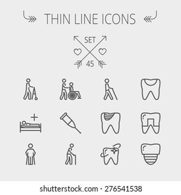 Medicine Thin Line Icon Set For Web And Mobile. Set Includes- Tooth, Crutches, Walker, Injured Person, Sick Person Icons. Modern Minimalistic Flat Design. Vector Dark Grey Icon On Light Grey