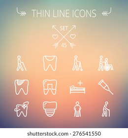 Medicine thin line icon set for web and mobile. Set includes- tooth, crutches, walker, injured person, sick person icons. Modern minimalistic flat design. Vector white icon on gradient mesh background