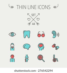 Medicine thin line icon set for web and mobile. Set include- tooth, eye, ear, hands, bone, brain, human icons. Modern minimalistic flat design. Vector icon with dark grey outline and offset colour on