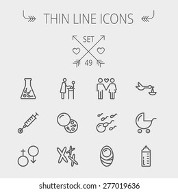 Medicine thin line icon set for web and mobile. Set includes- stroller, feeding bottle, egg and sperm cells, chromosomes, test tube, injection icons. Modern minimalistic flat design. Vector dark grey