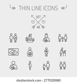 Medicine thin line icon set for web and mobile. Set includes- sick person, pregnant, wife and husband, ultrasound, baby, nurse, family, siblings icons. Modern minimalistic flat design. Vector dark