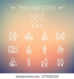 Medicine thin line icon set for web and mobile. Set includes-sick person, pregnant, wife and husband, ultrasound, baby, nurse, family, siblings icons. Modern minimalistic flat design. Vector white