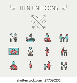 Medicine thin line icon set for web and mobile. Set include- sick person, pregnant, wife and husband, ultrasound, baby, nurse, family, siblingsicons. Modern minimalistic flat design. Vector icon with