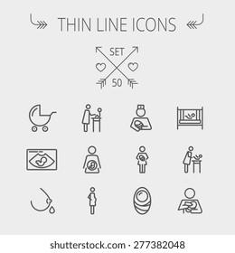 Medicine thin line icon set for web and mobile. Set includes- breastmik, breastfeed. crib icons. Modern minimalistic flat design. Vector dark grey icon on light grey background.