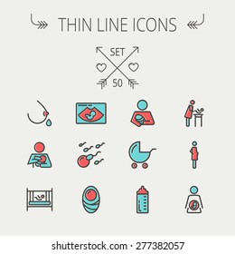 Medicine thin line icon set for web and mobile. Set include- breastmik, breastfeed. crib, icons. Modern minimalistic flat design. Vector icon with dark grey outline and offset colour on light grey