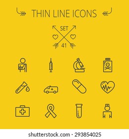 Medicine thin line icon set for web and mobile. Set includes- heart with cardiogram, lady nurse, first aid kit, capsule, syringe, test tube, unity ribbon, ambulance icons. Modern minimalistic flat