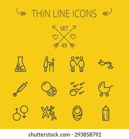 Juego de íconos de línea delgada de medicina para web y móvil. El conjunto incluye: niño, niña, tubo, huevo, cochecito, bebé, iconos de las células. Moderno diseño minimalista plano. Icono vector de gris oscuro sobre fondo gris claro.