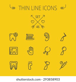 Medicine thin line icon set for web and mobile. Set includes- tooth, toothbrush, dental tools, foot, hand, syringe icons. Modern minimalistic flat design. Vector dark grey icon on light grey
