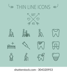 Medicine Thin Line Icon Set For Web And Mobile. Set Includes- Tooth, Crutches, Walker, Injured Person, Sick Person, Syringe, Bed, Toothache, Icons. Modern Minimalistic Flat Design. Vector Dark Grey