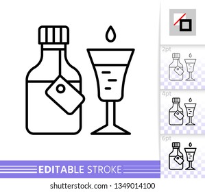 Medicine thin line icon. Syrup Cough banner in flat style. Bottle Medical poster. Linear pictogram. Simple illustration, outline symbol. Vector sign on white. Editable stroke icons without fill