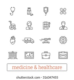 Medicine thin line icons: medical services, ambulance, health care tools, diagnostic equipment, pharmacology, reanimation, outpatient treatment. Vector elements for web, mobile, applications, prints.