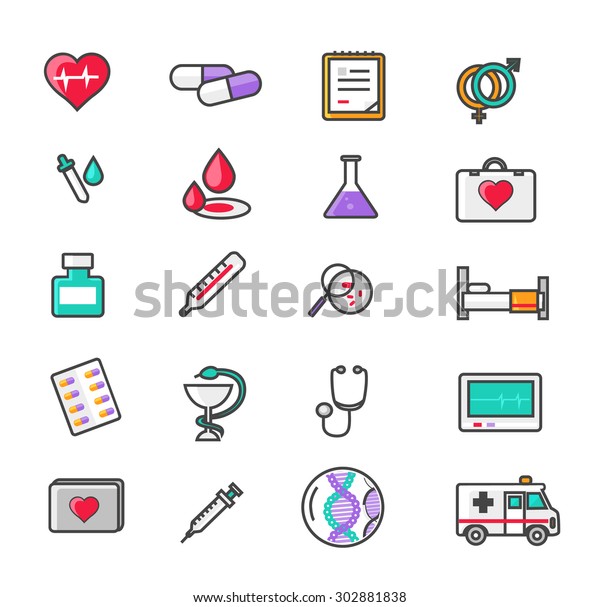 Medicine thin, lines, outline icons. Items for\
medical care, medicines, tools, results of the survey, badges on\
white background. For web and mobile applications.  Flat thin line\
icons modern style