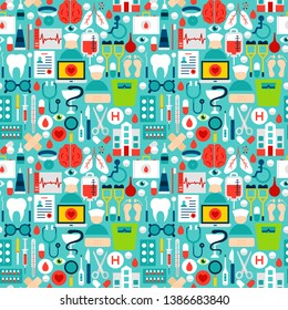 Medicine Tile Pattern. Vector Illustration of Seamless Background. Health Items.