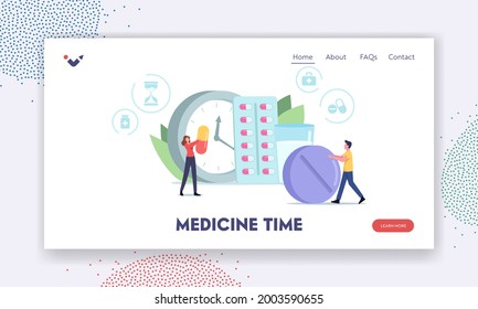 Medicine Time Landing Page Template. Medicament Prescription, Health Care. Tiny Characters with Huge Pill and Tablet near Clock Show Time for Applying Daily Dose. Cartoon People Vector Illustration