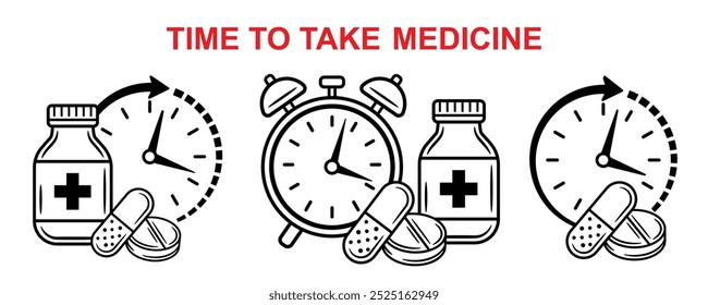 Medicine time, medical pill take hour timetable, medication day schedule line icon set. Alarm clock timer. Pharmacy medicinal tablet, vitamin capsule dose. Health medicament. Disease treatment. Vector