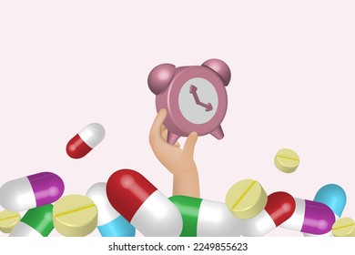 Medicine time. Patient hand holding clock on capsule and medicine to remind taking pills on time. Medical, health care and pharmaceutical concept.
