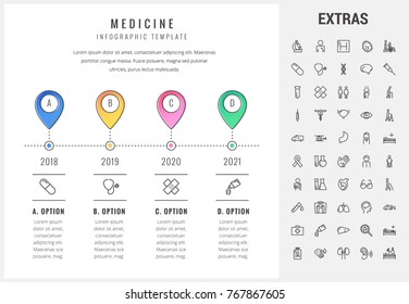 Medizin Timeline Infografik Vorlage, Elemente und Symbole. Infograph beinhaltet Optionen mit Jahren, Line Icon Set mit medizinischem Stethoskop, behinderte Person, Krankenhausarzt, Erste-Hilfe-Kit etc.