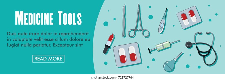 Medicine tools horizontal banner. Medicine tools vector illustration in flat style for web