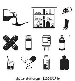 Medicine and treatment black icons in set collection for design. Medicine and equipment vector symbol stock web illustration.