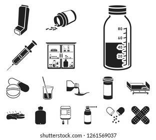 Medicine and treatment black icons in set collection for design. Medicine and equipment vector symbol stock web illustration.