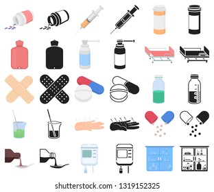 Medicine and treatment cartoon,black icons in set collection for design. Medicine and equipment vector symbol stock web illustration.