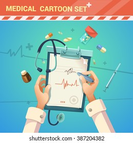 Medicine And Treatment With Doctor Writing A Prescription Cartoon Vector Illustration 