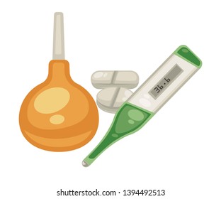 Medicine and treatment enema and thermometer pills isolated objects vector medicament and medical tools temperature measurement and intestinal lavage healthcare digestion problem or food poisoning