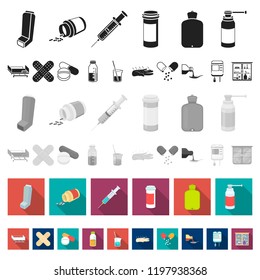 Medicine and treatment flat icons in set collection for design. Medicine and equipment vector symbol stock web illustration.