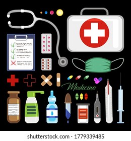 Medicine, treatment, health. Big set of isolated elements for medicine. Medicines, thermometers, medical elements, pills, potions, drops, protective mask. Vector illustration