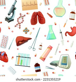 Medicine and treatment items seamless pattern. Cartoon style. Subjects of study. Equipment and human internal organs for treatment. Isolated on white background. Vector