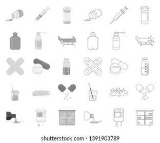Medicine and treatment mono,outline icons in set collection for design. Medicine and equipment vector symbol stock web illustration.