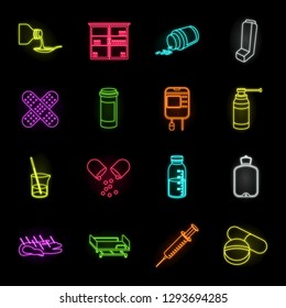 Medicine and treatment neon icons in set collection for design. Medicine and equipment vector symbol stock web illustration.