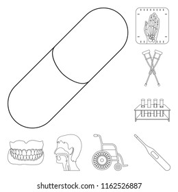 Medicine and treatment outline icons in set collection for design. Medicine and equipment vector symbol stock web illustration.