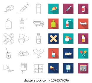 Medicine and treatment outline,flat icons in set collection  design. Medicine and equipment vector symbol stock web illustration.