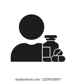 Medicine and Treatment Silhouette Icon. Antibiotic Prescription for Sick Patient Glyph Pictogram. Person with Drug Medication Solid Symbol. Pharmacy Pills Sign. Isolated Vector Illustration.