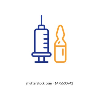 Medicine vaccine sign. Medical vaccination line icon. Pharmacy medication symbol. Colorful outline concept. Blue and orange thin line medical vaccination icon. Vector