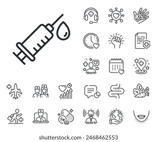 Medicine vaccine sign. Online doctor, patient and medicine outline icons. Medical syringe line icon. Pharmacy medication symbol. Medical syringe line sign. Vector