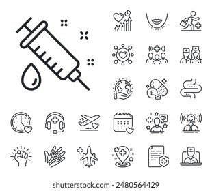 Medicine vaccine sign. Online doctor, patient and medicine outline icons. Medical syringe line icon. Pharmacy medication symbol. Medical syringe line sign. Vector