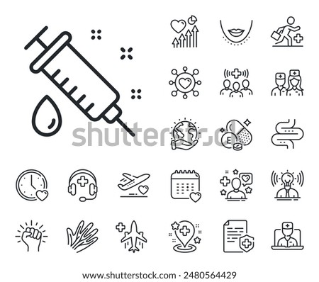 Medicine vaccine sign. Online doctor, patient and medicine outline icons. Medical syringe line icon. Pharmacy medication symbol. Medical syringe line sign. Vector