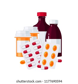 Medicine vector concept. Bottles with drugs and pills in blisters in flat style on white background